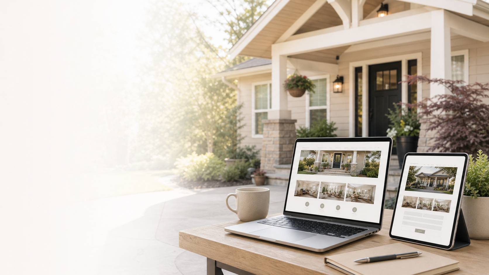 A warm adult family home exterior with a laptop showing a care home website
